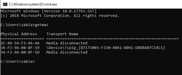 getmac command output